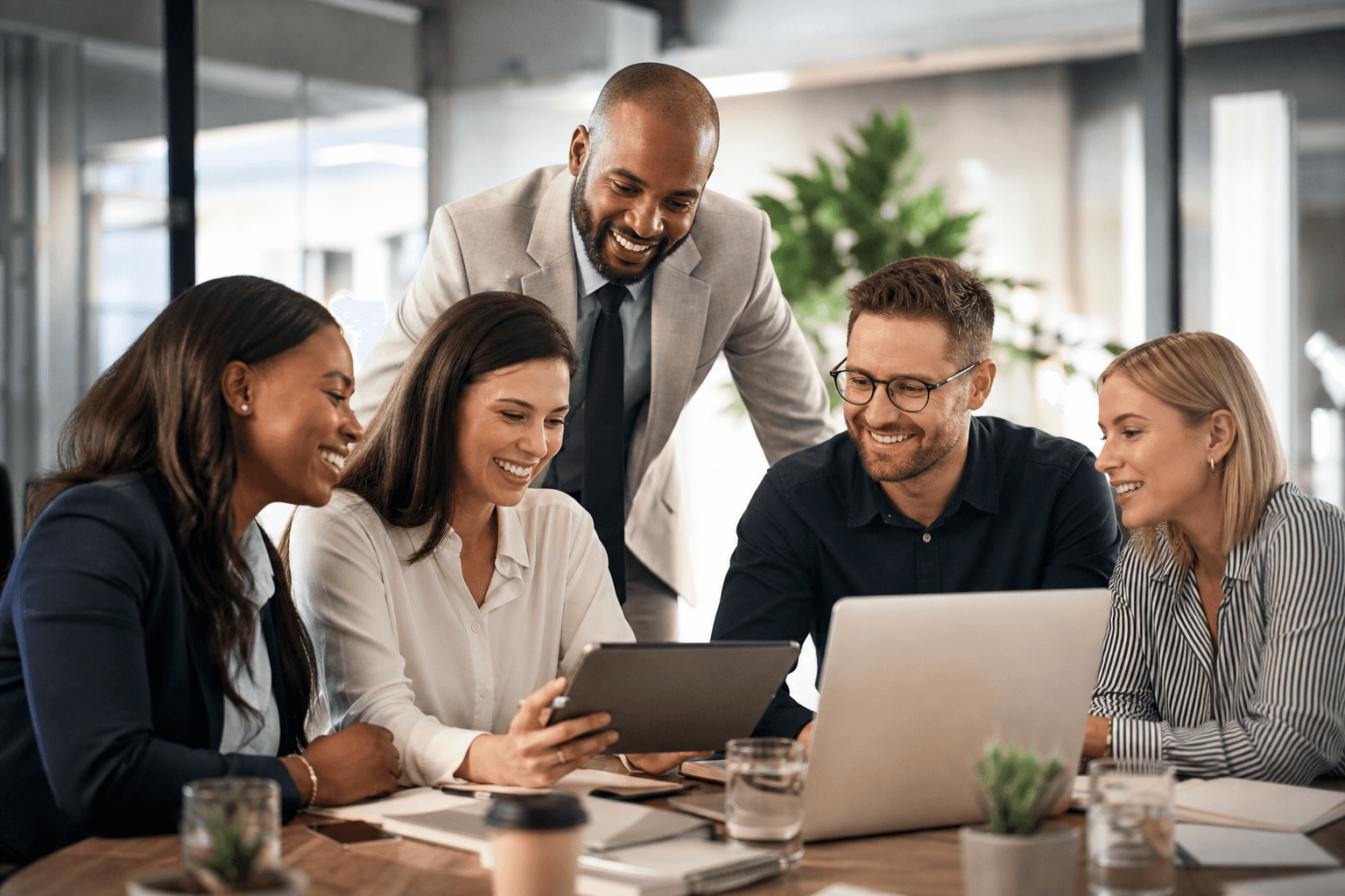 Professional team collaborating in a modern office