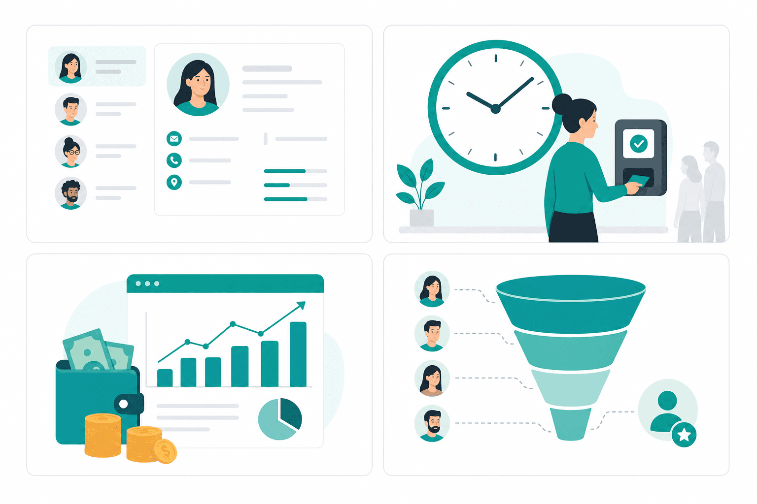 ERP modules for HR, attendance, payroll, and sales